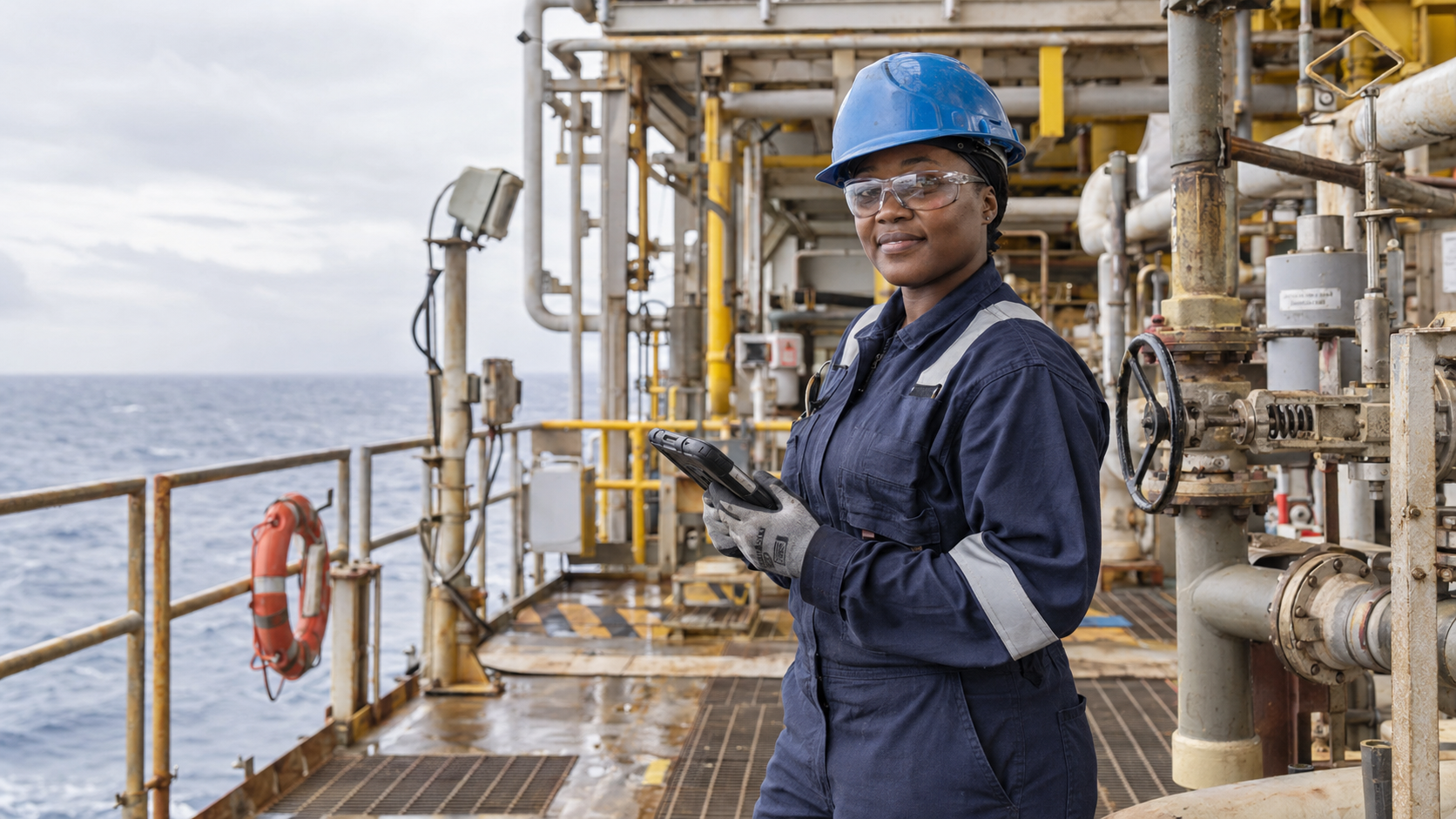 Worker wearing protective equipment on an offshore facility